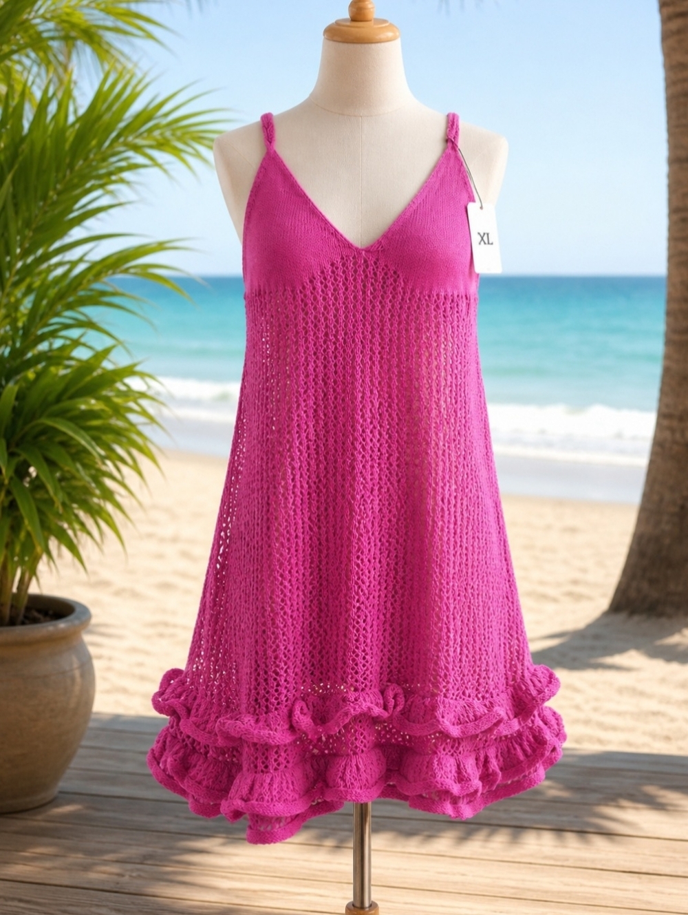 Crochet Ruffled Beach Coverup Dress in Fuchsia